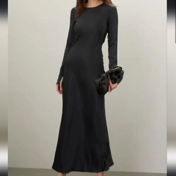 WEWOREWHAT Backless Gown Sz 6 Black Satin Long Sleeve Maxi Dress Evening Formal - Picture 1 of 9